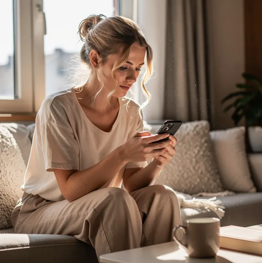 Jeune femme utilisant son smartphone chez elle, à la lumière du jour.